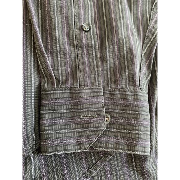 Pronto Uomo Non Iron Black Purple Striped Button Up Dress Shirt Size L Large - Picture 3 of 4